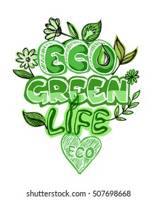 Ecology concept poster. Eco friendly. Doodle Vector illustration.