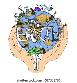 Ecology concept poster. Globe in human hands. Symbol of caring about the environment. Vector illustration, isolated on white background.