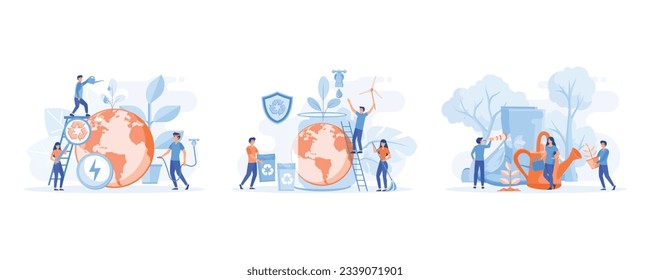 Ecology concept. Protect nature and ecology, saving the planet, World Environment Day, Bio technology, a city in the background of the planet. set flat vector modern illustration 