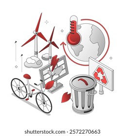 Ecology concept - red and black isometric line illustration