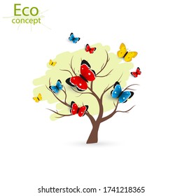 Ecology concept to save the planet. Creative drawing in a global environment. Tree and butterflies. Eco friendly. Vector illustration on a white background. Modern design template.