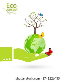 Ecology concept to save the planet. Creative drawing in a global environment. Tree and butterflies on the palm. Eco friendly. Vector illustration on a white background.