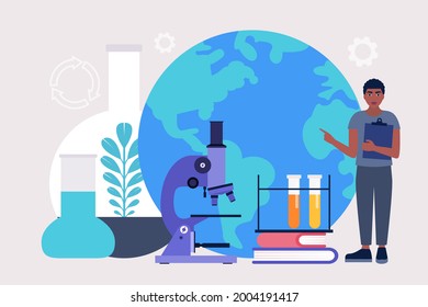 Ecology concept. Save the planet. Ecologist taking care of Earth. Colorful flat vector illustration.