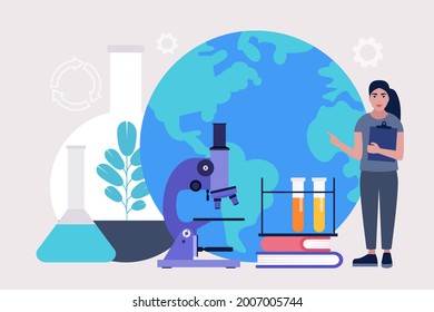 Concepto de ecología. Salvemos el planeta. Ecologista cuidando de la Tierra. Ilustración de vector plana colorida.