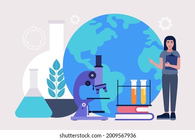 Ecology concept. Save the planet. Ecologist taking care of Earth. Colorful flat vector illustration.