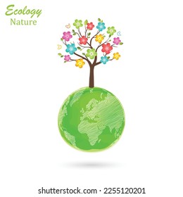 Ökologisches Konzept zur Rettung des Planeten. Ein Papierbaum mit grünen Blättern und bunten, blühenden Blumen, die auf einem Globus wachsen. Vektorgrafik einzeln auf weißem Hintergrund.
