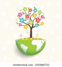 Ecology concept to save the planet. A paper tree with green leaves and colorful, vibrant flowers growing on a globe. Vector illustration isolated on white background.
