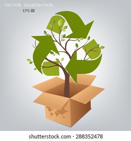 Ecology concept, save the Planet. Tree shaped recycle symbol, growing from cardboard box. Vector illustration modern template design.