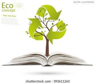 Ecology concept, save the Planet. Tree shaped Recycle symbol, rising from an open-book, vector illustration modern template design.