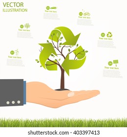 Ecology concept, save the Planet. Tree shaped Recycle symbol, rising from an open palm, vector illustration modern template design.