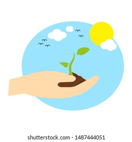 Ecology concept. Save rain forests. Hand holding sapling and soil. Protect our planet future from Climate change. Flat vector illustration. Design for motivational banner, flyer, poster, organic.