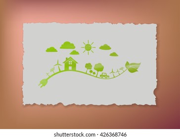 Ecology concept save world with brush green on vintage paper, Vector illustration