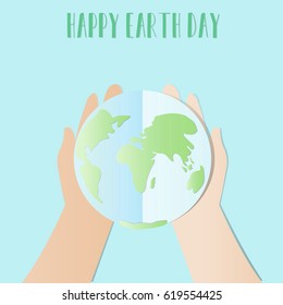 Ecology concept. save world or earth vector illustration, Hands try to holding The earth with Happy Earth Day text