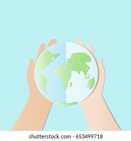 Ecology concept. save world or earth vector illustration, Hands try to holding The earth with Happy Earth Day text.	
