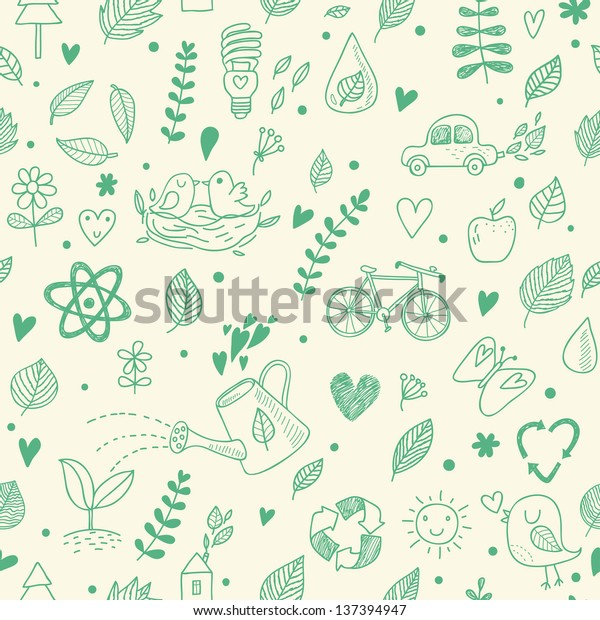 Ecology concept seamless pattern. A lot of Ecology\
elements in one background: sun, bicycle, atom,  bird, flower, car,\
apple, butterfly and others. Can be used for wallpapers, pattern\
fills
