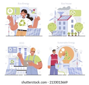 Ecology concept set. Alternative energy and green electricity for good environment in the city. Eco-friendly house building with solar battery roof and wind farm. Isolated vector illustration