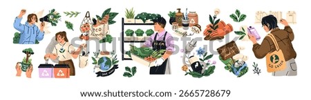 Ecology concept set. Eco friendly people care about environment and save nature. Recycle, waste sorting, conscious consumption of water and energy. Flat isolated drawing vector illustrations on white