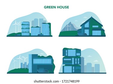 Ecology concept set. Eco-friendly house building with vertical forest and green roof. Alternative energy and green tree for good environment in the city. Isolated vector illustration