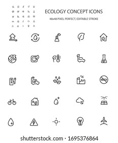 Ecology concept simple line icon set vector illustration. Editable stroke. 48x48 Pixel Perfect. Contains icons such as eco house, eco car, solar battery, charging station, planet, tree leaf and more.