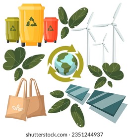 Ecology concept, solar panel, alternative electricity source, sustainable resources, garbage recycling. Vector illustration, cartoon style, flat style.