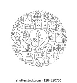 Ecology concept in thin flat illustration. Eco friendly green energy line icons in round shape isolated vector illustration. Round design element with ecology icons - Vector