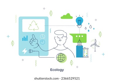  Ilustración del vector de línea delgada de concepto ecológico. Fuentes de energía sostenibles y reciclado. Composición de caricaturas de soluciones de cuidado del medio ambiente para diseño web. Idea creativa para sitio web, móvil, presentación