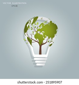 Ecology concept, a tree, a map of the world, rising from the bulb, vector illustration modern template design