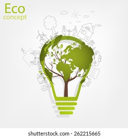 Ecology concept, a tree, a map of the world, rising from the bulb, vector illustration modern template design