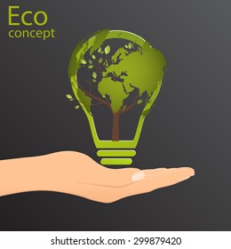 Ecology concept, a tree, a map of the world, rising from the bulb. On the hand bulb inside the tree with the globe. Vector illustration modern design template