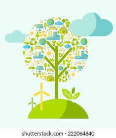 Ecology concept with tree and nature elements in flat style 