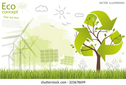 Ecology concept. Triangular recycle symbol around the tree in the form of maps of the world. creative drawing tree, globe, windmill and solar panels on the grass. Ecologically clean world. Vector 