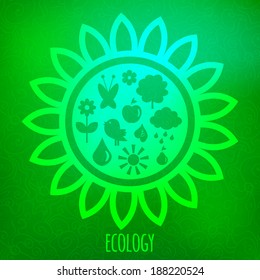 Ecology concept. Various eco symbols on blurry green background