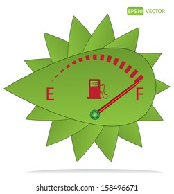 Ecology concept vector, with green leaf and fuel gauge design. The fuel gauge is indicating near full. Easy to edit vector, elements are grouped separately. Eco friendly vector illustration. 