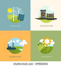 Ecology Concept Vector Icons Set for Environment, Green Energy and Nature Pollution Designs. Flat Style.