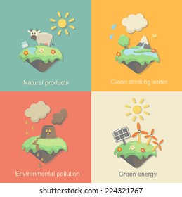 Ecology Concept Vector Icons Set for Environment, Green Energy and Nature Pollution Designs. Nuclear Power Plant and Deforestation. Flat Style.