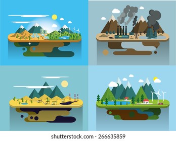 Ecology Concept Vector Icons Set for Environment, Green Energy and Nature Pollution Designs. Flat Style. Renewable Energy, Natural Farm Products, Fresh Air and Drinking Water.