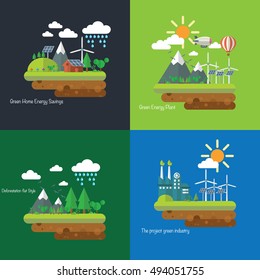 Ecology Concept Vector Icons Set for Environment, Green Energy Plant and The Project green industry and Green home energy savings. Deforestation flat style.