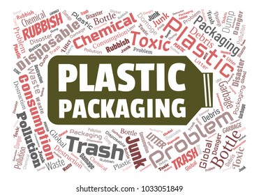 Ecology concept vector illustration. Plastic garbage global problem. Disposable packaging danger. Word cloud