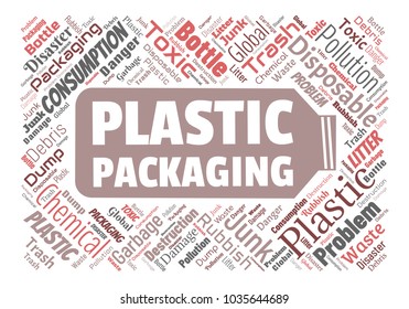 Ecology concept vector illustration. Plastic garbage global problem. Disposable packaging danger. Word cloud