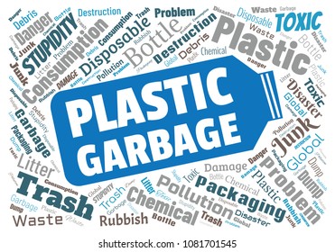 Ecology concept vector illustration. Plastic garbage global problem. Disposable packaging danger. Word cloud