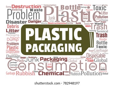 Ecology concept vector illustration. Plastic garbage global problem. Disposable packaging danger. Word cloud