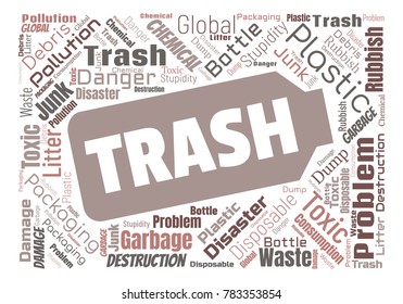 Ecology concept vector illustration. Plastic garbage global problem. Disposable packaging danger. Word cloud