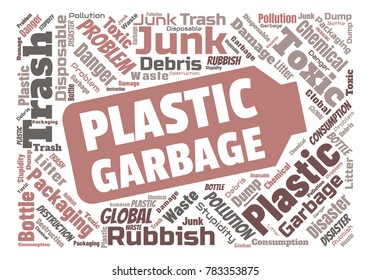 Ecology concept vector illustration. Plastic garbage global problem. Disposable packaging danger. Word cloud