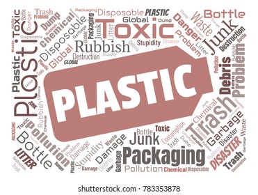 Ecology concept vector illustration. Plastic garbage global problem. Disposable packaging danger. Word cloud
