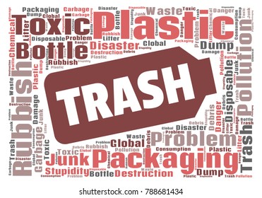 Ecology concept vector illustration. Plastic garbage global problem. Disposable packaging danger. Word cloud