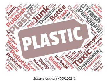 Ecology concept vector illustration. Plastic garbage global problem. Disposable packaging danger. Word cloud