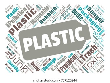 Ecology concept vector illustration. Plastic garbage global problem. Disposable packaging danger. Word cloud