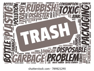 Ecology concept vector illustration. Plastic garbage global problem. Disposable packaging danger. Word cloud