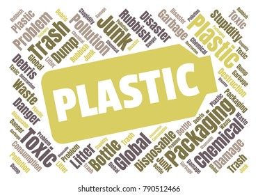 Ecology concept vector illustration. Plastic garbage global problem. Disposable packaging danger. Word cloud