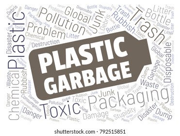 Ecology concept vector illustration. Plastic garbage global problem. Disposable packaging danger. Word cloud